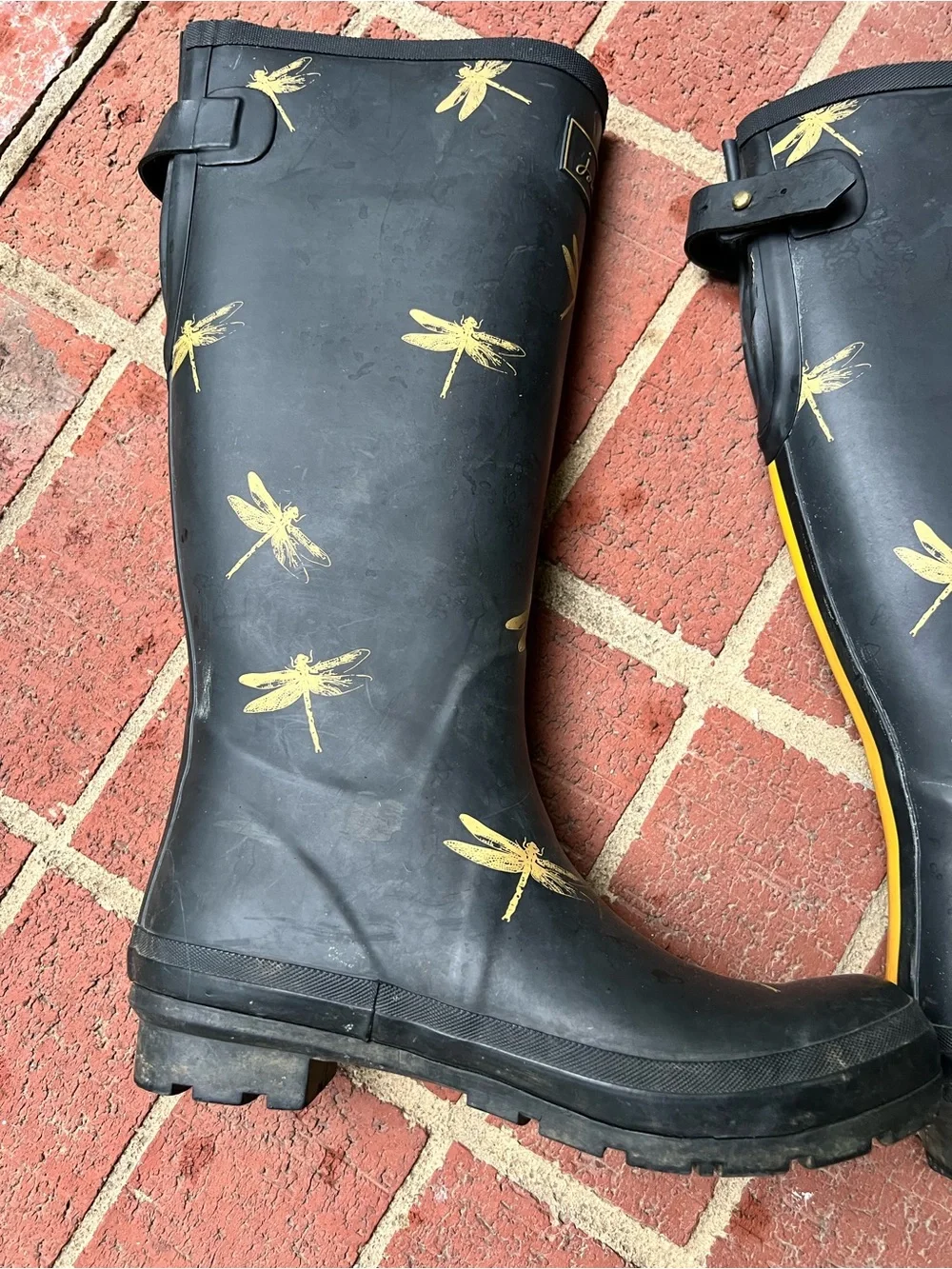 Joules Women’s Welly Black Rain boots with Gold Dragonflies size 9